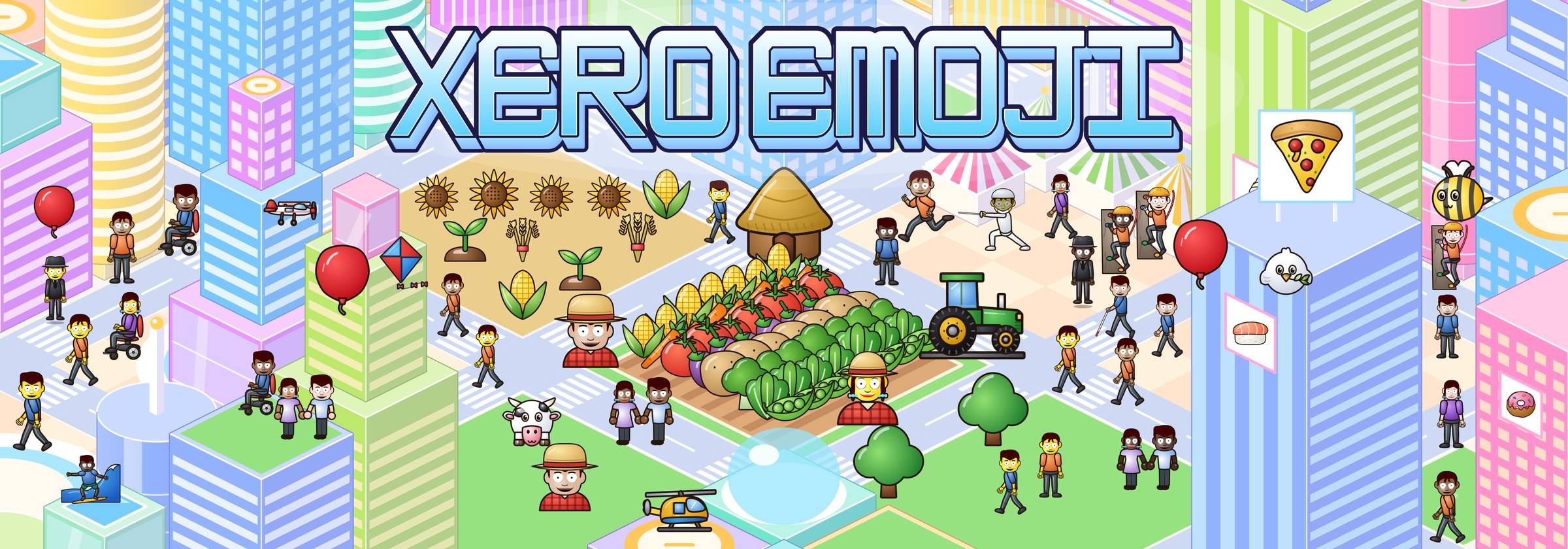 Xero Emoji: an emoji city around a farm plot, with the 3D title